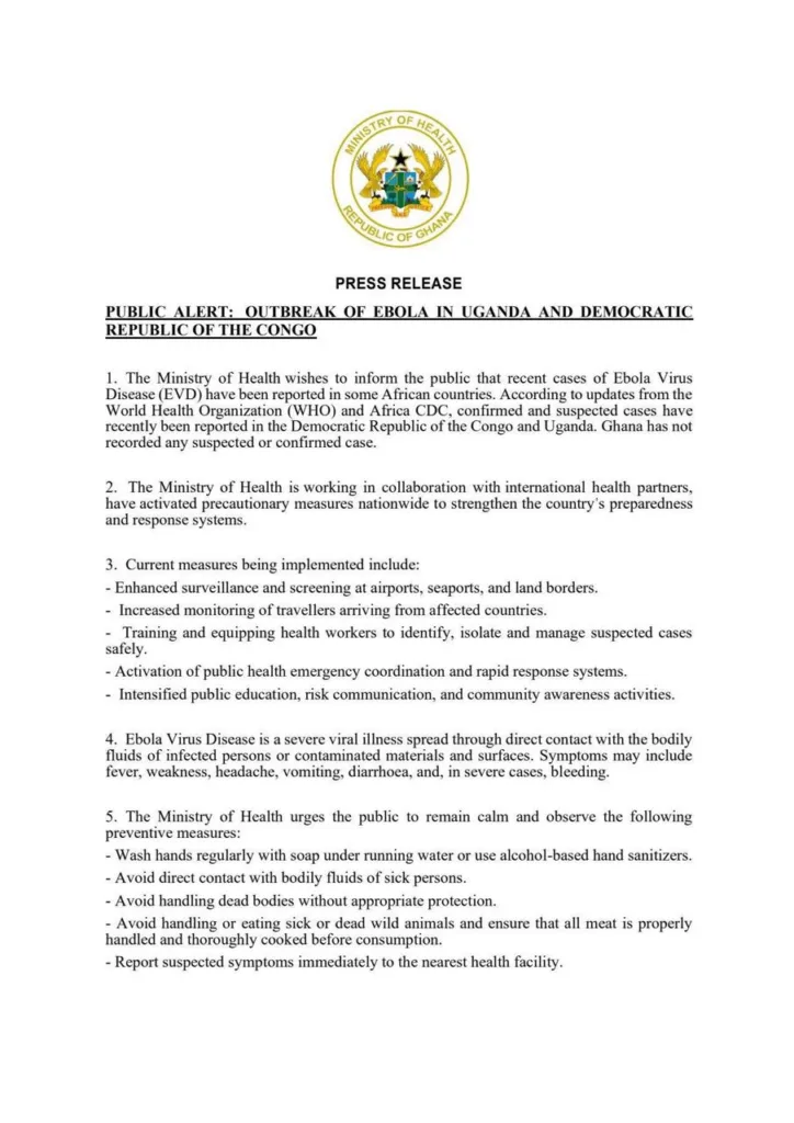 Health Ministry cautions public against spreading misinformation over Ebola outbreak in DR Congo