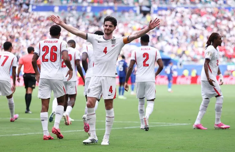 MIAMI GARDENS, FLORIDA - JULY 18: Declan Rice #4 of England celebrates scoring his team's first goal during the FIFA World Cup 2026 Bronze Final between France and England at Miami Stadium on July 18, 2026 in Miami Gardens, Florida. (Photo by Buda Mendes/Getty Images)