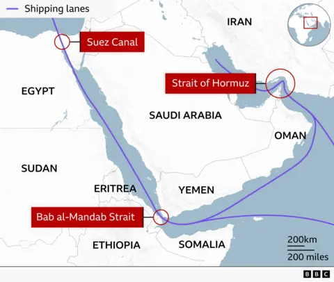 Yemen's Houthis announce 'maritime embargo' on Saudi Arabia A regional map showing key Middle Eastern and East African shipping lanes. Thick purple lines trace major maritime routes passing through three highlighted chokepoints: the Suez Canal in Egypt, the Strait of Hormuz between Oman and Iran, and the Bab al‑Mandab Strait between Yemen, Eritrea, and Djibouti. Surrounding countries visible on the map include Saudi Arabia, Sudan, Ethiopia, Somalia, and others. A distance scale shows 200km/200 miles, and a small inset globe marks the region’s location. The map is labelled with “Shipping lanes”.