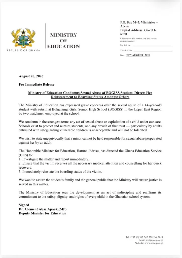 Education Ministry condemns alleged sexual abuse of BOGISS student