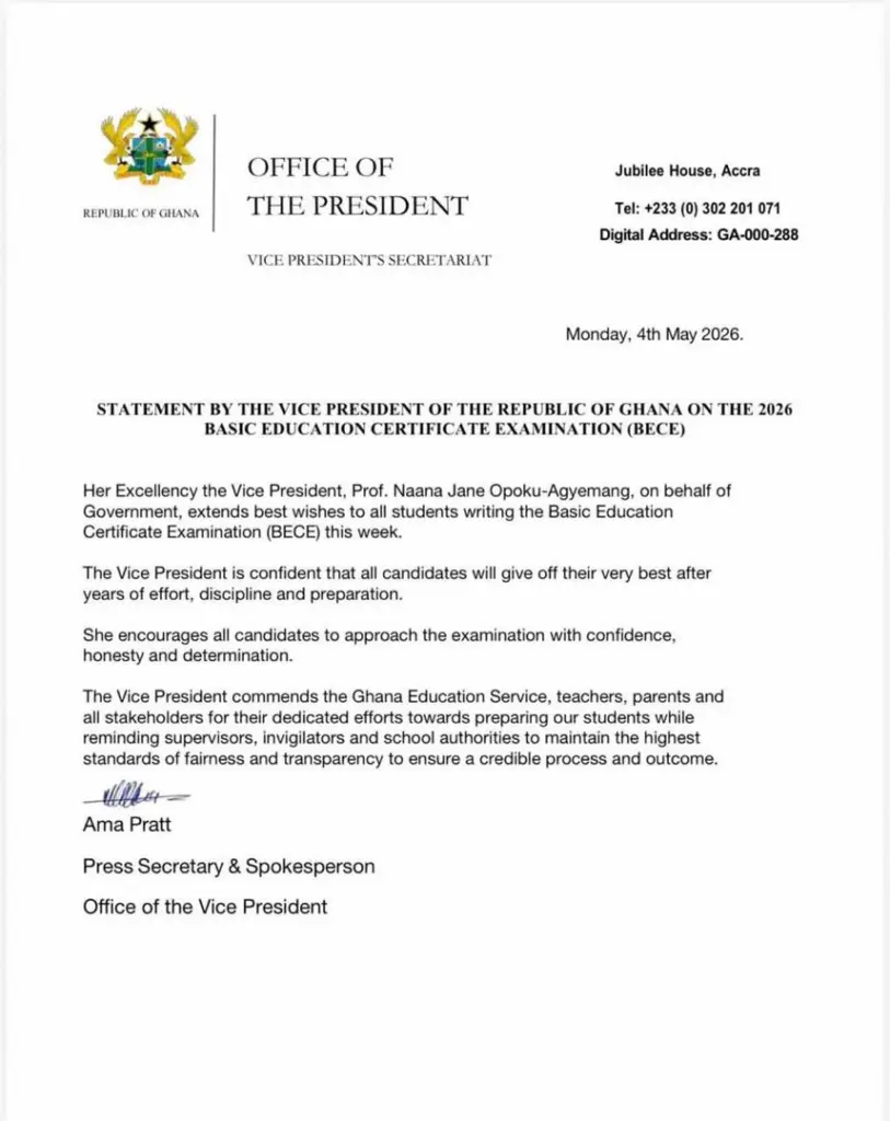Vice President urges BECE candidates to stay confident and honest