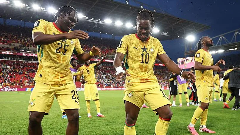 Ghana's players Prince Adu and Brandon Thomas-Asante celebrate beating Panama