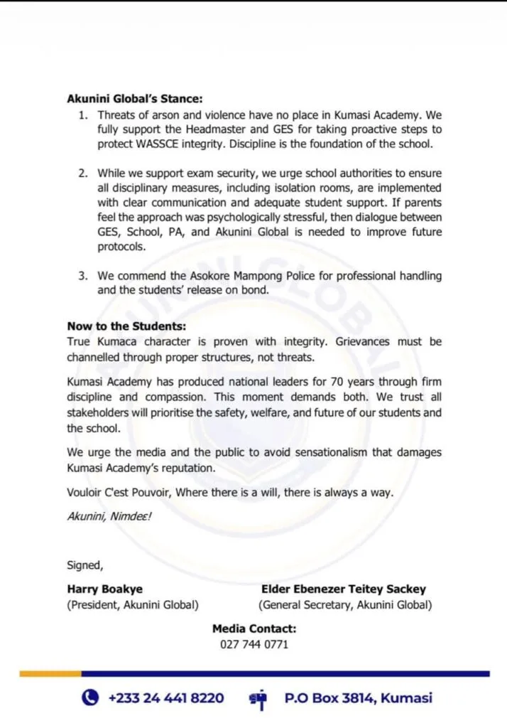 Old students' association breaks silence over Kumasi Academy arson threats