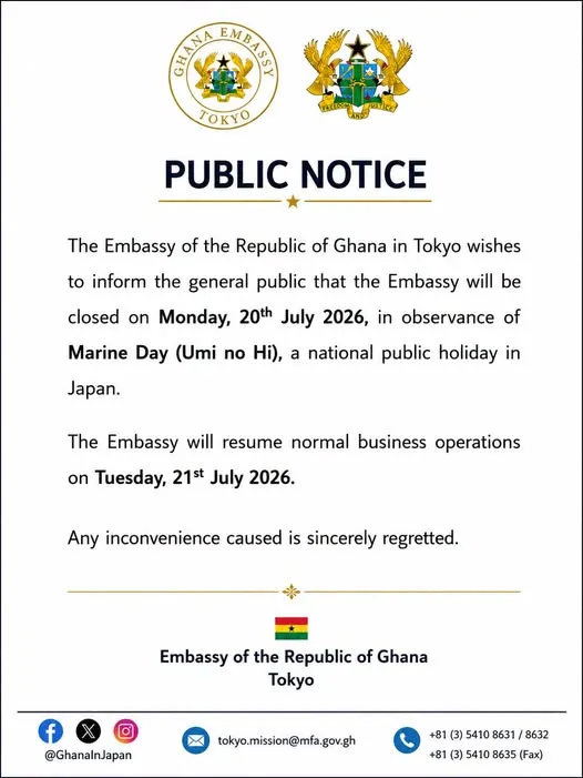 Ghana Embassy in Tokyo announces closure for Japan’s Marine Day Holiday