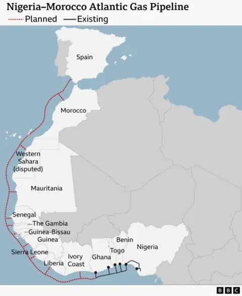 A map showing the 14 countries to be served by the Nigeria-Morocco pipeline.