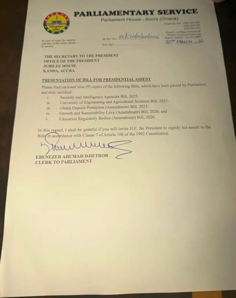 Parliament submits five bills to President Mahama for assent