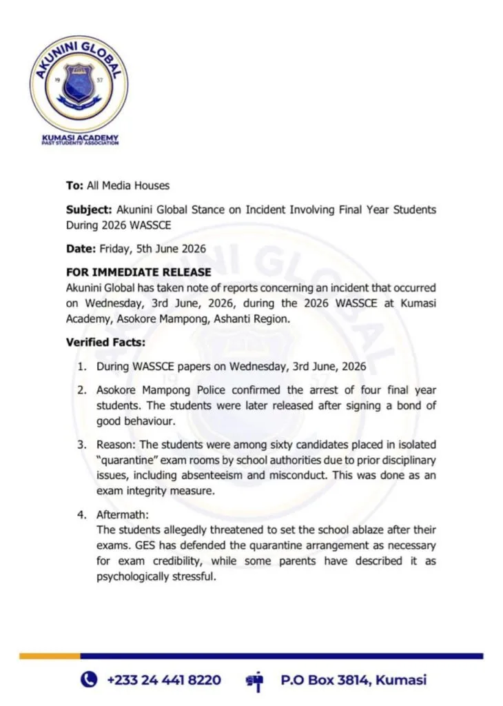 Old students' association breaks silence over Kumasi Academy arson threats