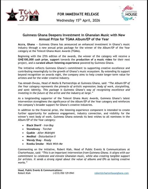 Guinness Ghana to award GH¢100,000 to winner of 2026 TGMA Album of the Year