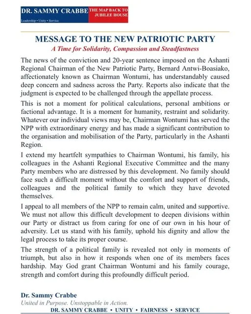 Sammy Crabbe urges NPP unity as Chairman Wontumi faces 20-year jail term
