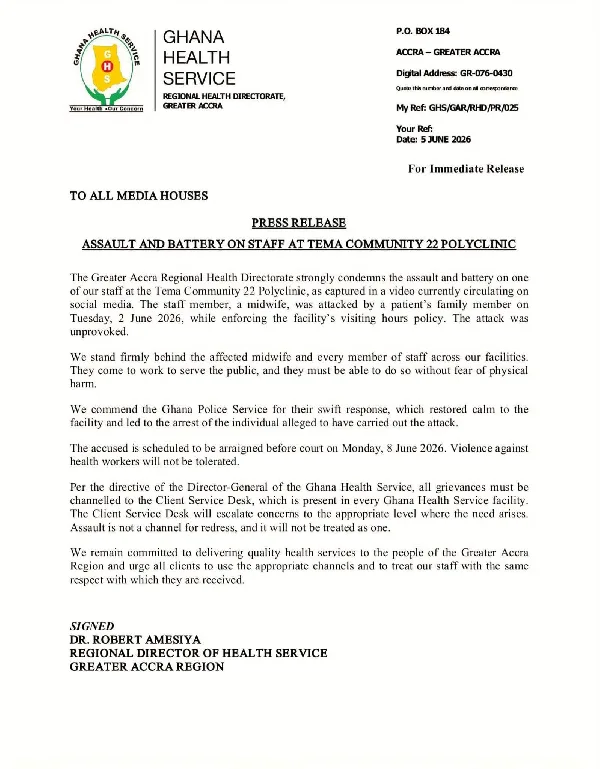 Suspect to be arraigned on June 8 – GHS condemns midwife assault
