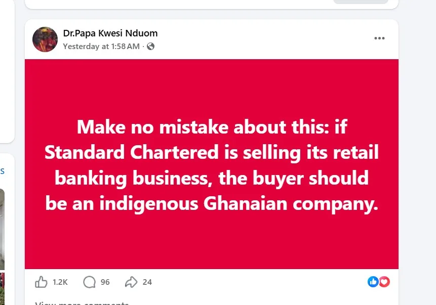 Nduom backs indigenous ownership if Standard Chartered sells retail banking business