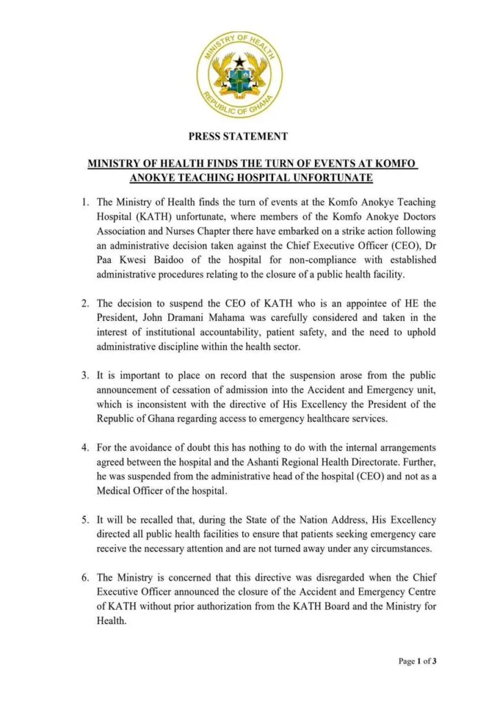 KATH CEO suspended to allow independent probe into Emergency Unit closure – Health Ministry