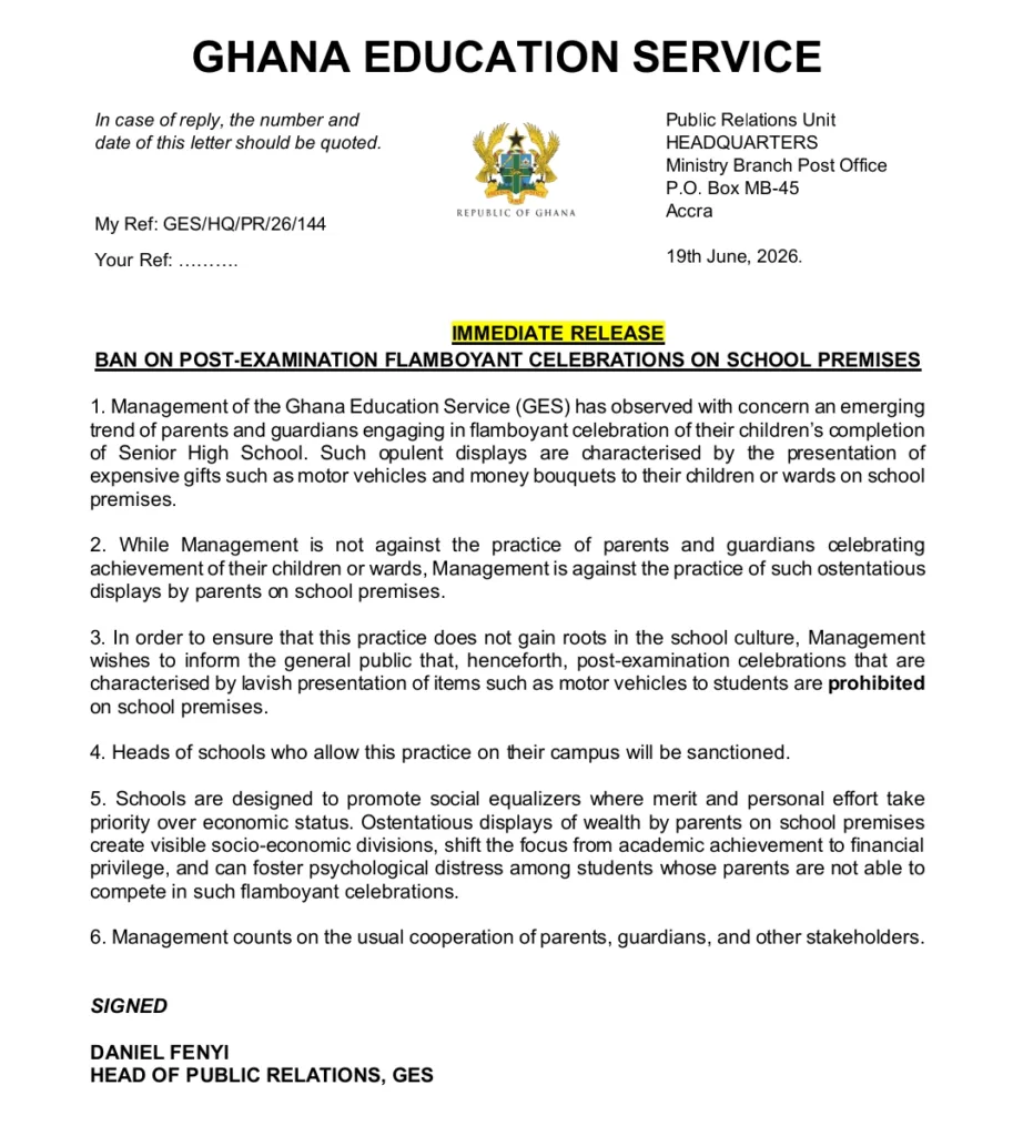 GES bans cars, money bouquets on school premises as Education Ministry halts SHS graduations nationwide GES bans cars, money bouquets on school premises as Education Ministry halts SHS graduations nationwide