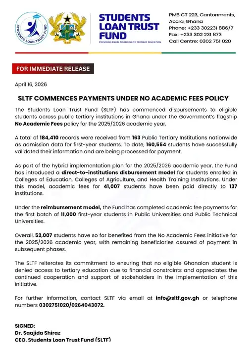 SLTF starts disbursement for 2025/2026 No Academic Fees programme
