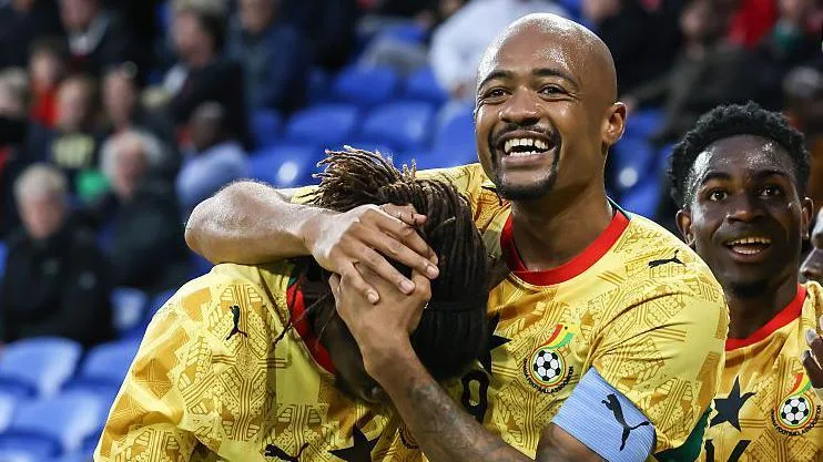 Ghana captain Jordan Ayew celebrates scoring a goal