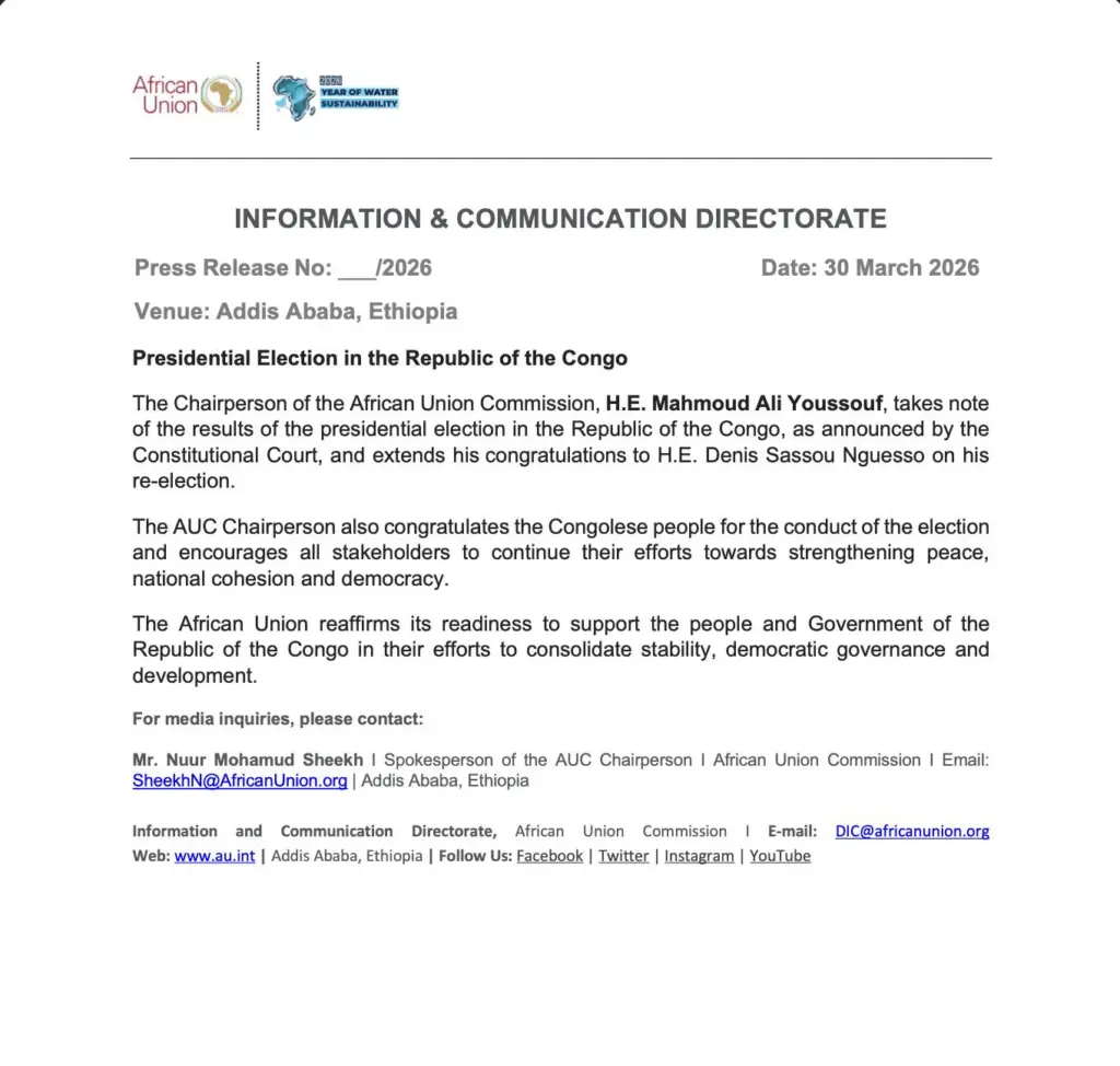 African Union commends Congo election outcome as Sassou Nguesso secures re-election