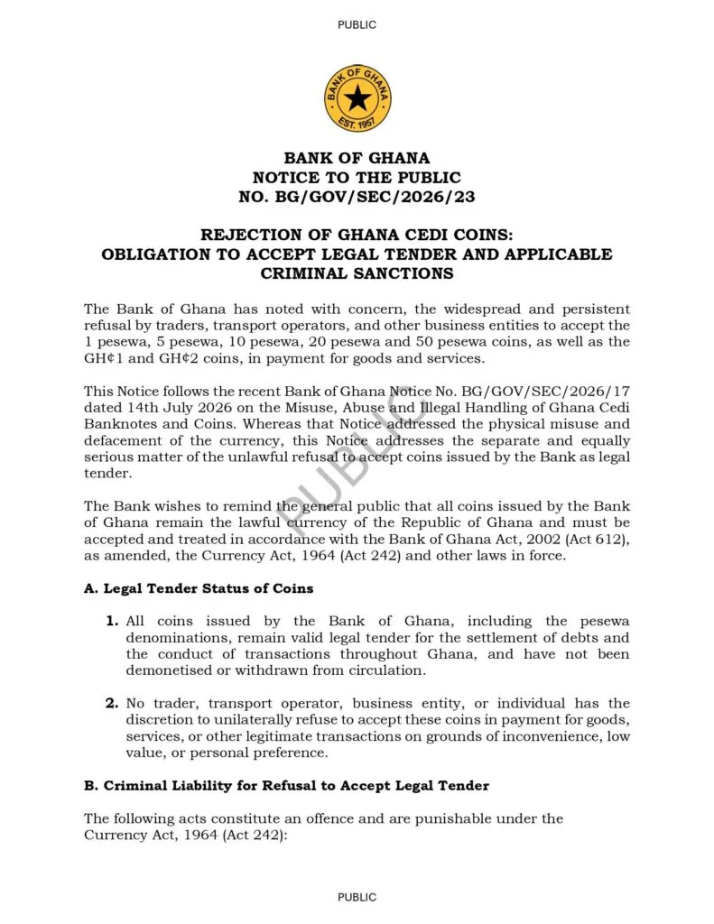BoG warns of arrest, imprisonment and fines for rejecting cedi and pesewa coins