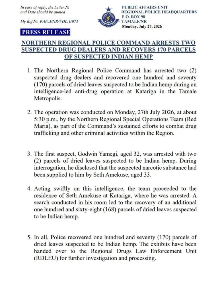 Northern Police arrest two over 170 parcels of suspected Indian hemp at Katariga