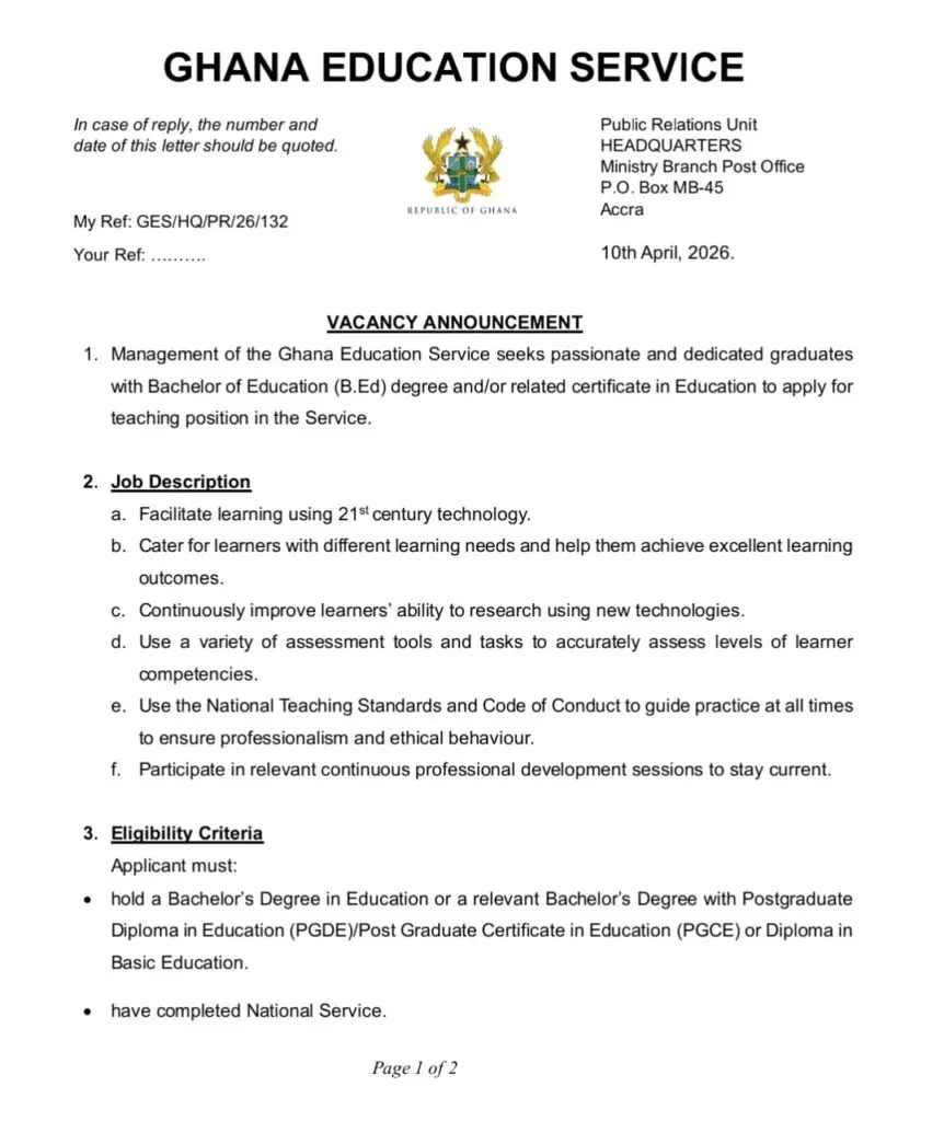 GES opens 2026 teacher recruitment for licensed B.Ed graduates GES opens 2026 teacher recruitment for licensed B.Ed graduates