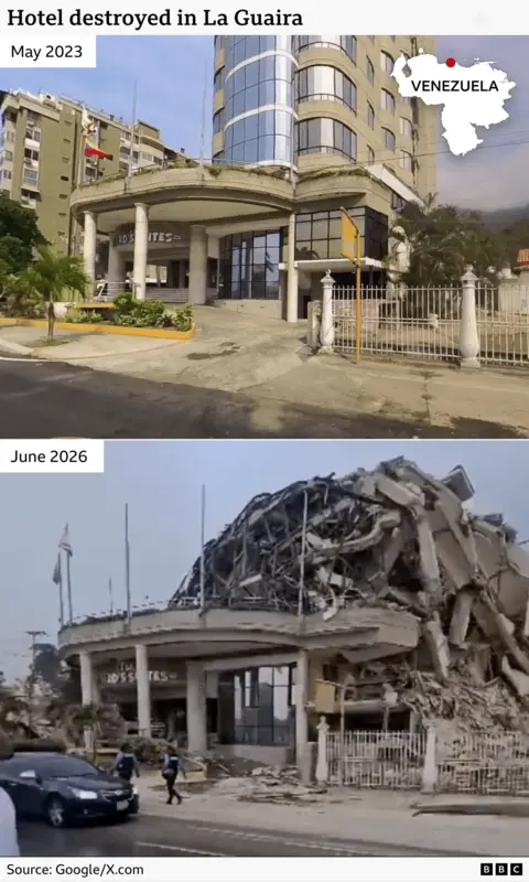 Before and after pictures of a hotel in La Guaira - from a functioning modern building in May 2023 to a heavily damaged, partially collapsed structure after the earthquake in June 2026