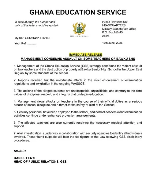 GES condemns assault on teachers, property damage at Bawku SHS during WASSCE GES condemns assault on teachers, property damage at Bawku SHS during WASSCE