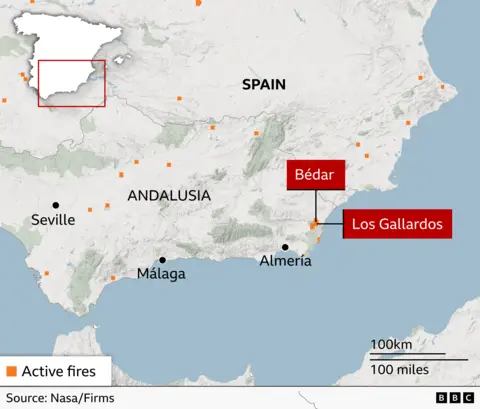 Spain battles to contain one of its deadliest wildfires as at least 12 killed A map depicting the small town of Bedar's location in the Almeria region of southern Spain. It also shows orange dots where active fires across Spain.