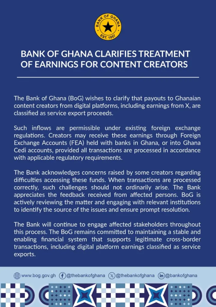 Bank of Ghana clarifies treatment of earnings for content creators