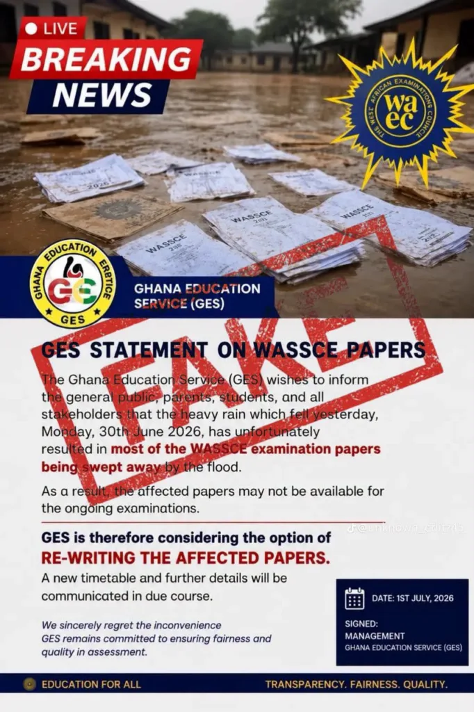 GES debunks viral claim that floodwaters destroyed WASSCE papers GES debunks viral claim that floodwaters destroyed WASSCE papers