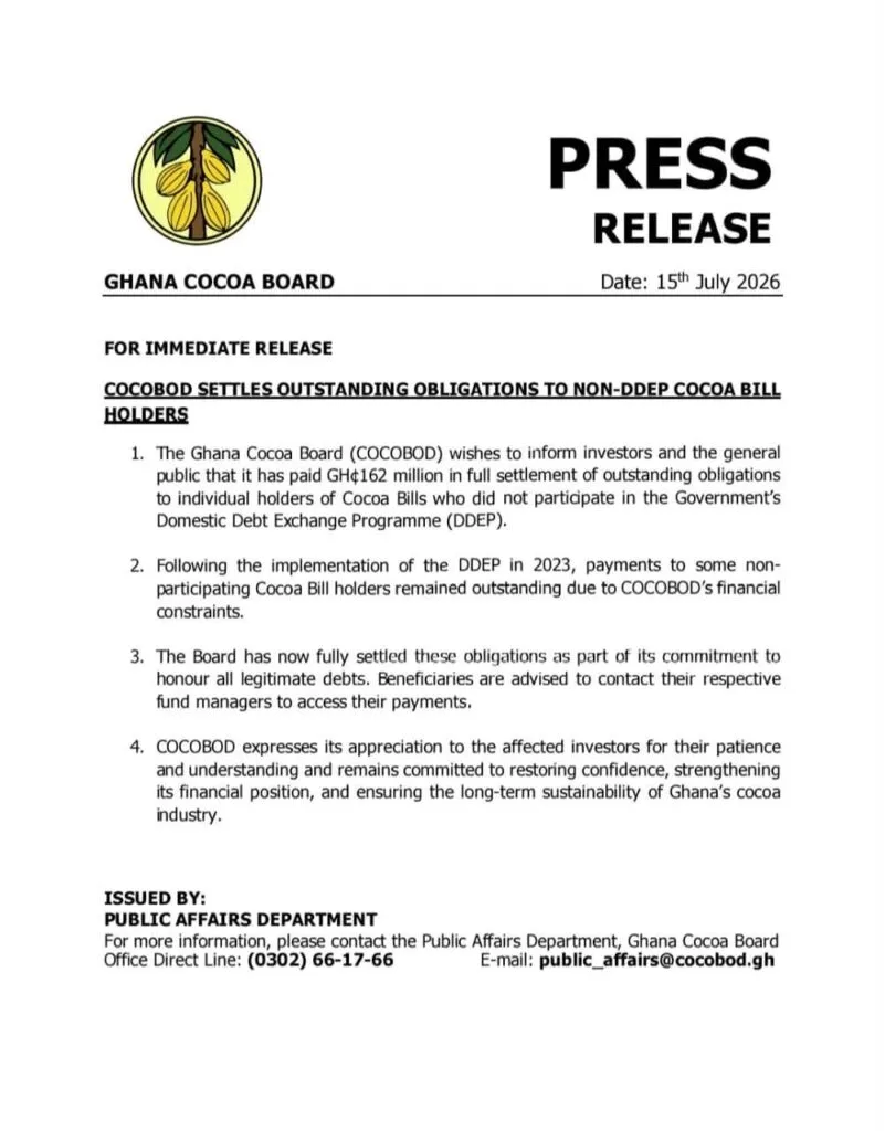 COCOBOD settles GH¢162m outstanding debt owed to non-DDEP Cocoa Bill holders