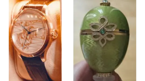 Pub thief jailed over £2.2m Fabergé theft Met Police Two images placed side by side: a close‑up of a luxury wristwatch with a patterned face on the left, and a green Fabergé egg with a gold band and decorative gemstone motif on the right.
