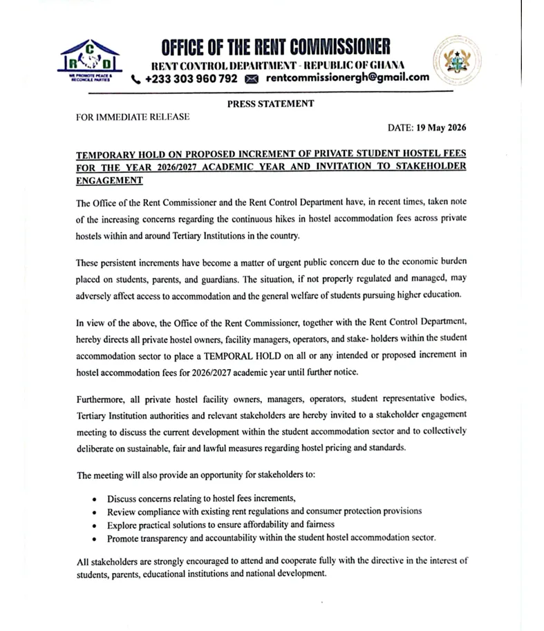 Rent Control orders hostel owners to suspend proposed 2026/2027 fee increments