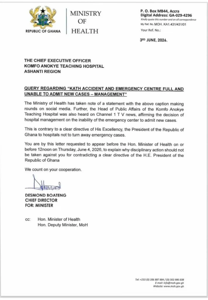 Health Ministry summons KATH CEO over Emergency Centre closure Health Ministry summons KATH CEO over Emergency Centre closure