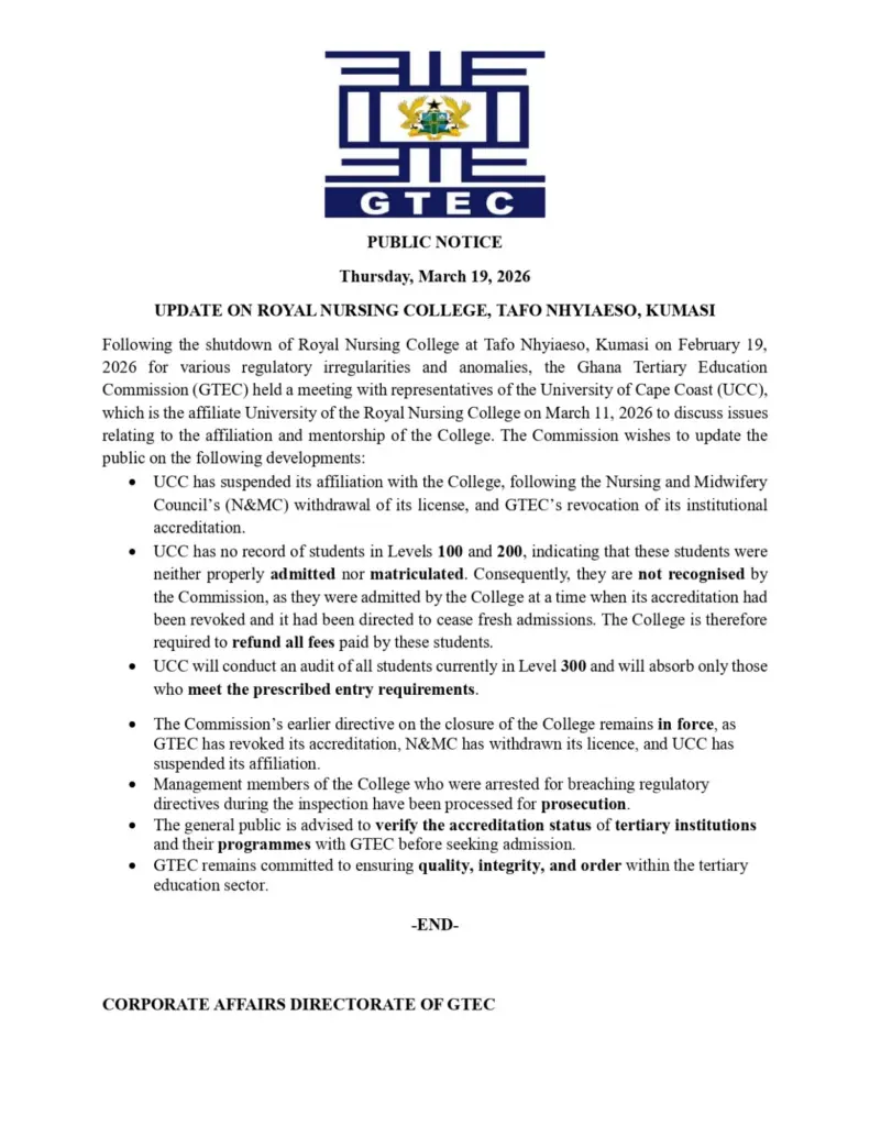 GTEC orders Royal Nursing College to refund fees to level 100 and 200 students after closure