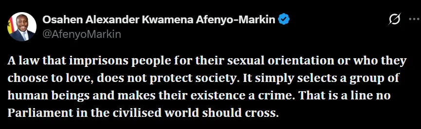 Afenyo-Markin criticises anti-LGBTQ+ bill, says it criminalises identity and crosses democratic line
