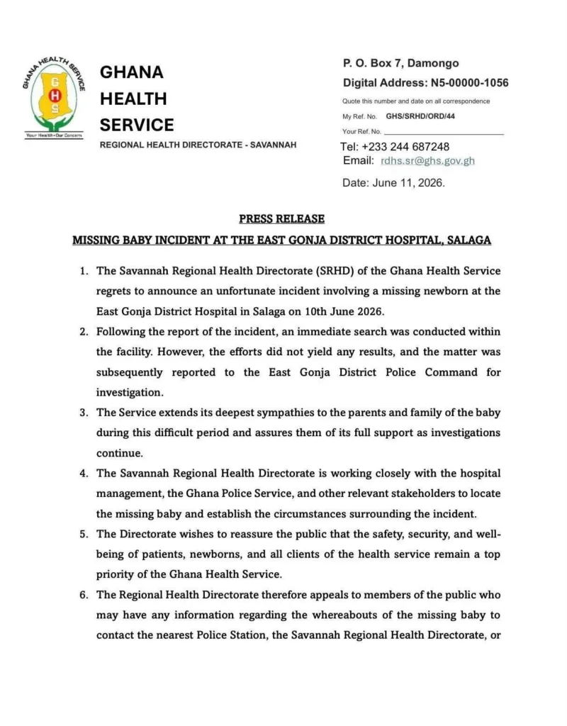 Savannah Health Service confirms missing newborn at Salaga Hospital