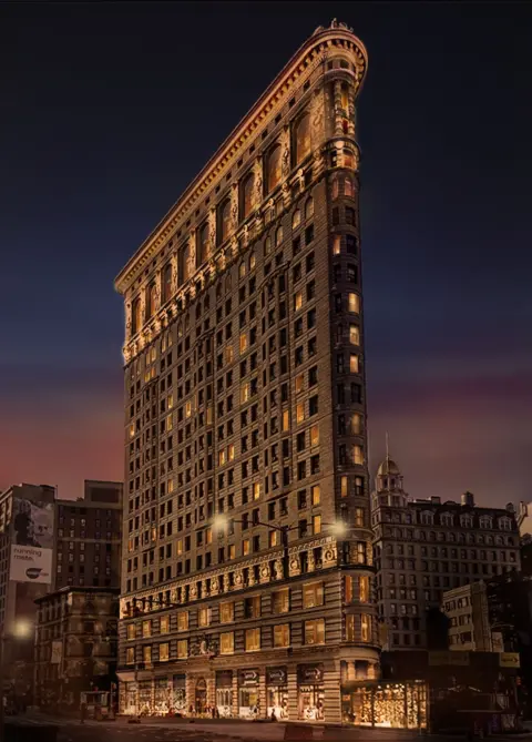 Would you pay $58.5m to live in this iconic New York building? Courtesy of The Flatiron Building rendering of the Flatiron Building seen from the outside at night, with lights illuminating its sides