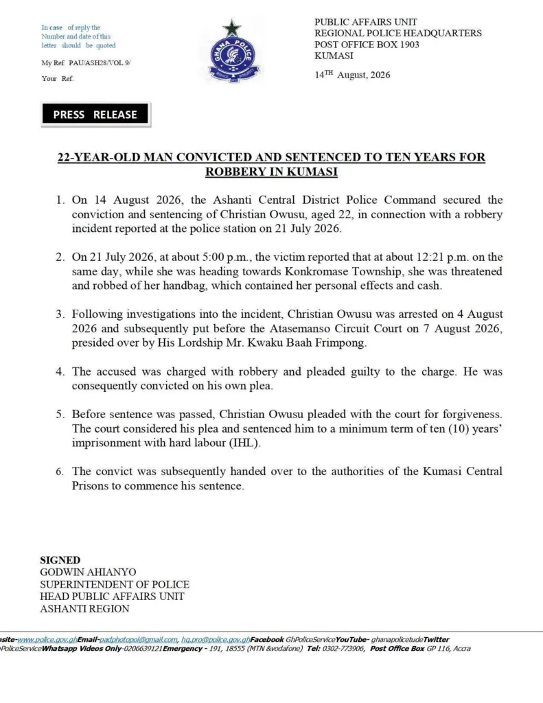 22-year-old man sentenced to 10 years for robbery in Kumasi 22-year-old man sentenced to 10 years for robbery in Kumasi