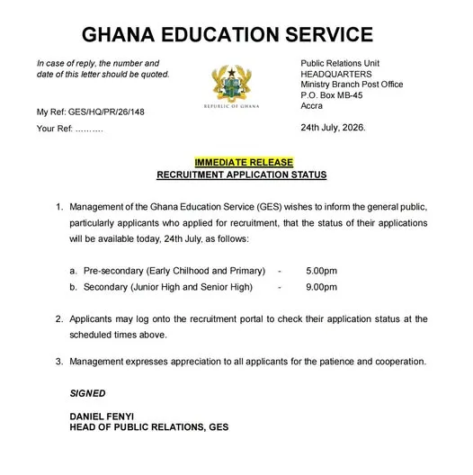 GES releases recruitment application status for 2026 applicants