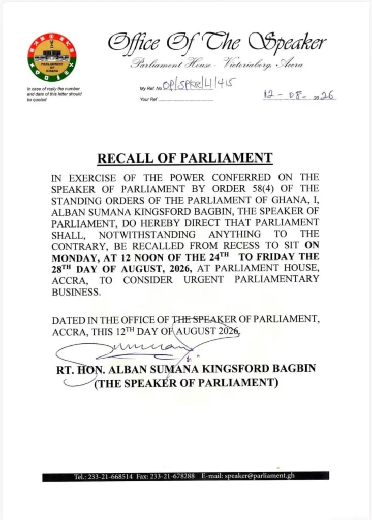 Speaker Bagbin recalls Parliament for five-day sitting from August 24 Speaker Bagbin recalls Parliament for five-day sitting from August 24