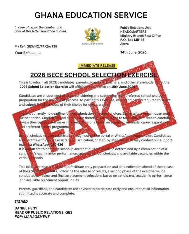 GES cautions against fake BECE selection notice GES cautions against fake BECE selection notice