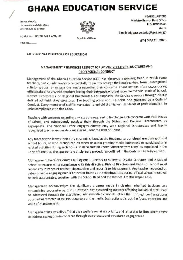 GES warns teachers against unauthorised visits and media engagement