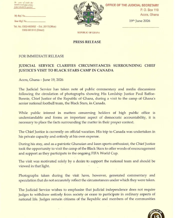 Chief Justice's Black Stars visit was private, at his own expense – Judicial Service clarifies