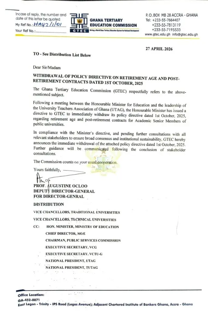 GTEC withdraws retirement age, post-retirement contract directive following ministerial order