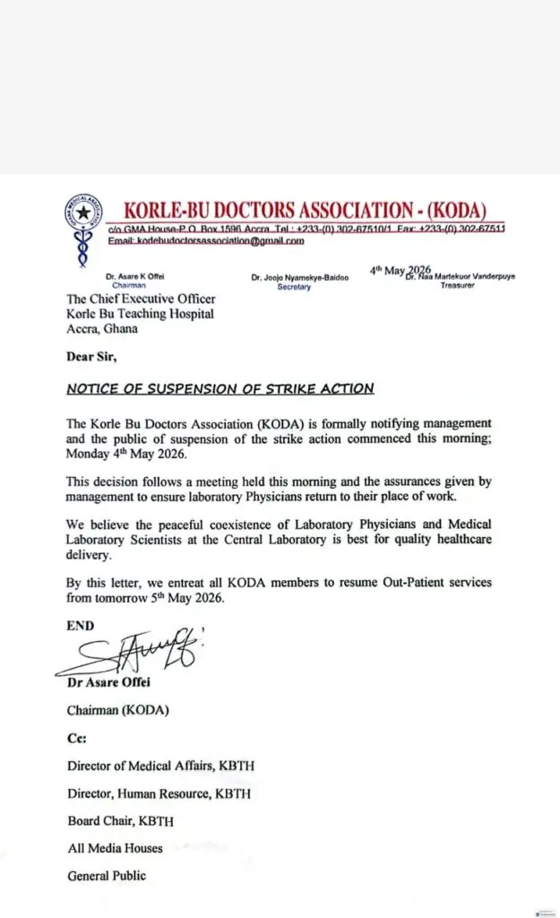 Korle Bu doctors suspend strike action after management intervention Korle Bu doctors suspend strike action after management intervention