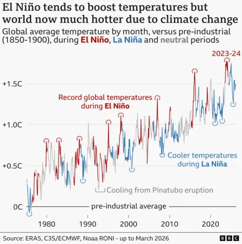 Line graph showing monthly global temperatures since 1975 compared with pre-industrial levels of the late 19th Century. Temperatures show a long-term rising trend - the result of climate change. But temperatures tend to spike in El Niño periods, shown in red, and fall in La Niña periods, shown in blue.