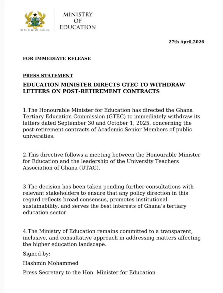 Education Minister orders withdrawal of GTEC letters on post-retirement contracts