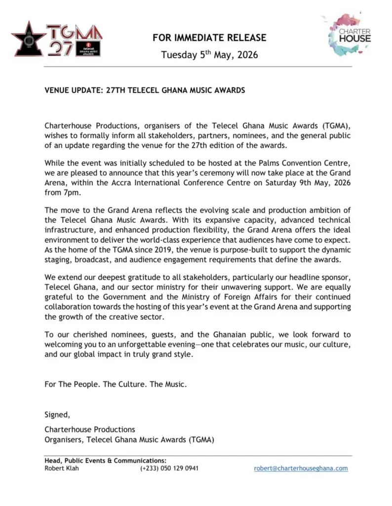 TGMA 2026 moves to Grand Arena as organisers announce venue change