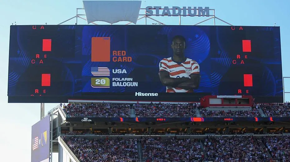 A view of big screen showing a red card for Folarin Balogun during the FIFA World Cup 2026 Round Of 32 match between USA and Bosnia and Herzegovina
