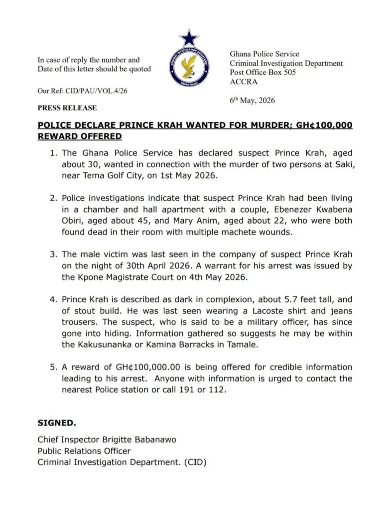 Police declare suspect wanted over double murder near Tema Golf City