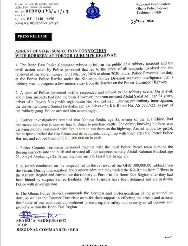 Police arrest 6 suspected robbers, recover GH¢300k stolen at Portor-Gurumpe highway